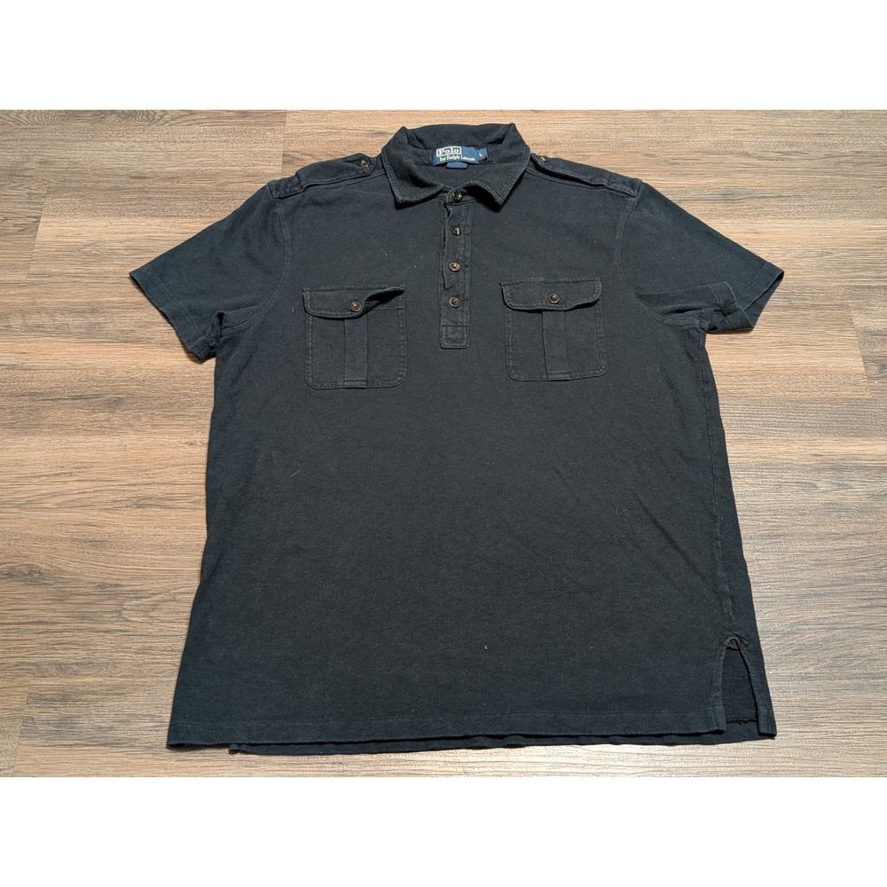Polo Ralph Lauren Mens Large Black Military Safari Polo Shirt Epaulettes Cotton